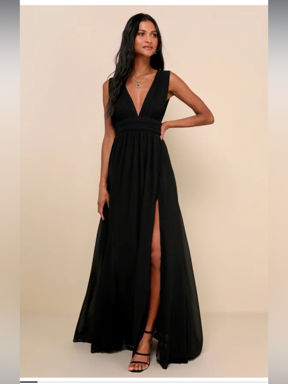 Lulu's Black V-Neck Maxi Dress with High Slit